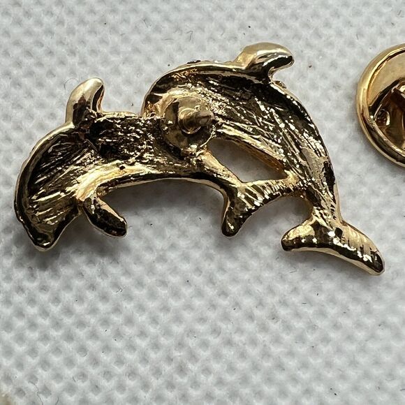 Gold Tone Dolphin Pair Clear Rhinestone Lapel Pin Green Red Rhinestone Eyes - Picture 4 of 7